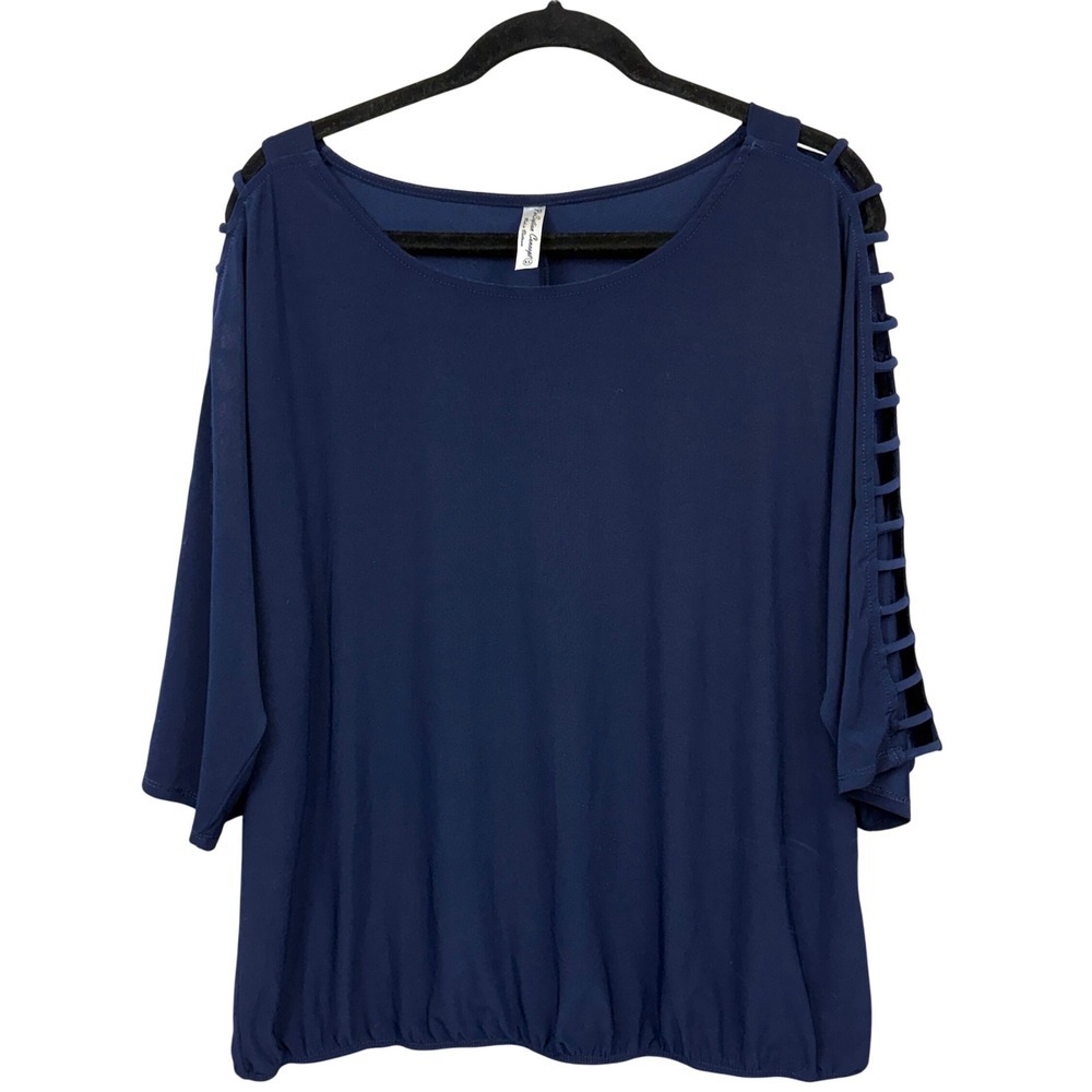 Per Seption Concept Women Blouse Top Cutout 3/4 Sleeve Elastic Hem Navy Size XL*